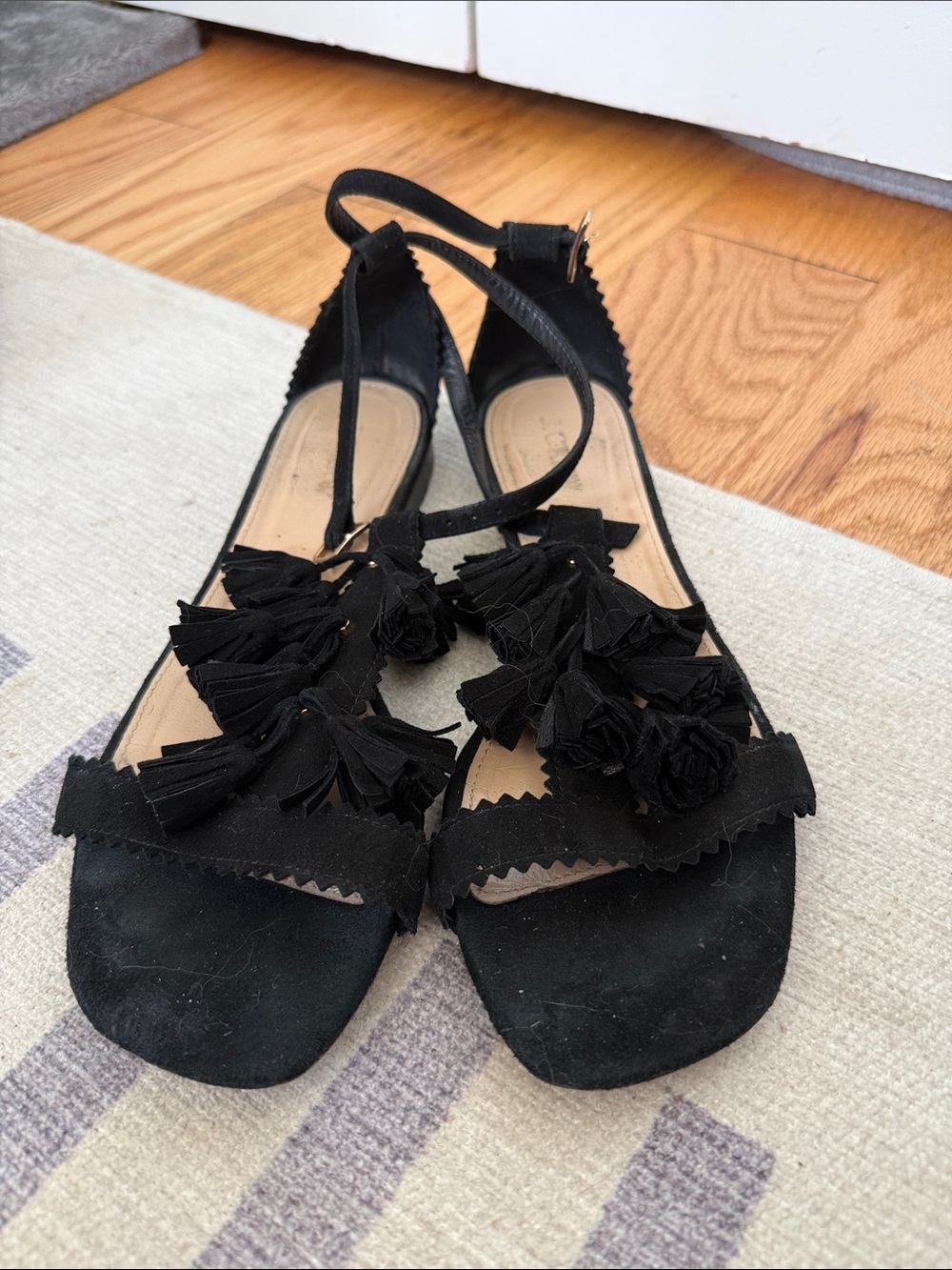 J. Crew Black Suede Tassel Floral Accent Sandals